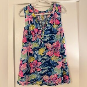 Lilly Pulitzer Navy Top with Pink, Lime & Yellow Floral Print Size XL